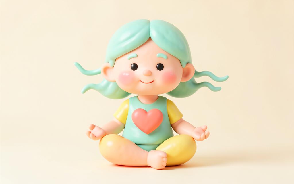 Calm clay character sitting cross-legged with a heart