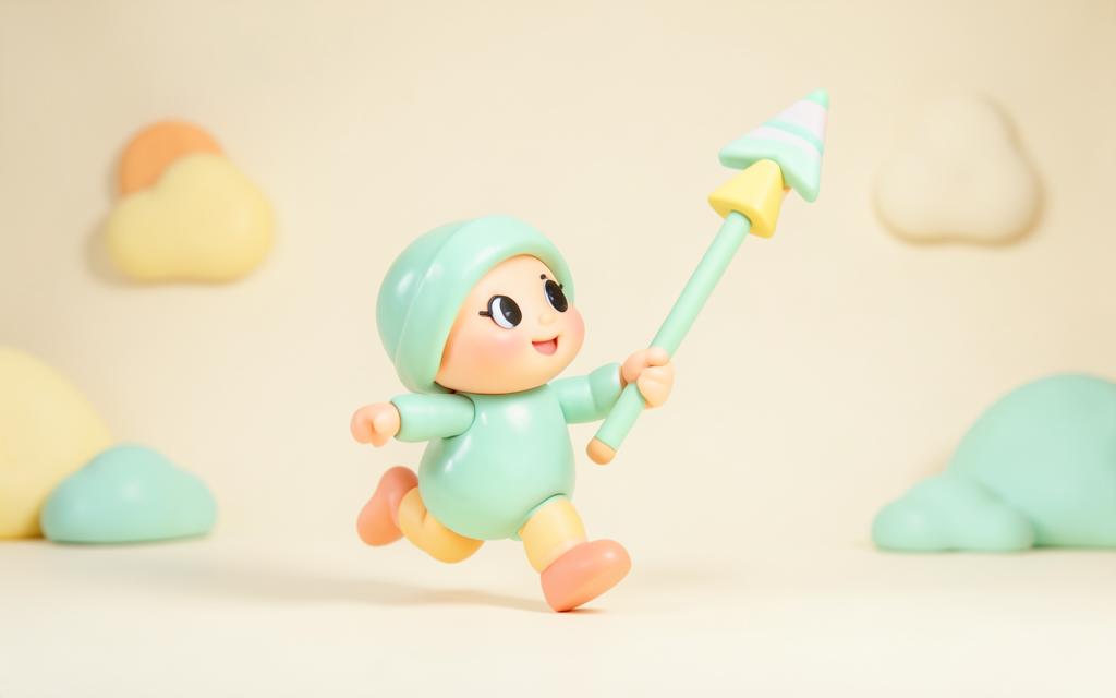 Pastel clay character chasing a runaway price arrow