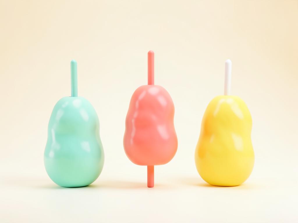 Pastel 3D illustration of three candlestick shapes with wicks