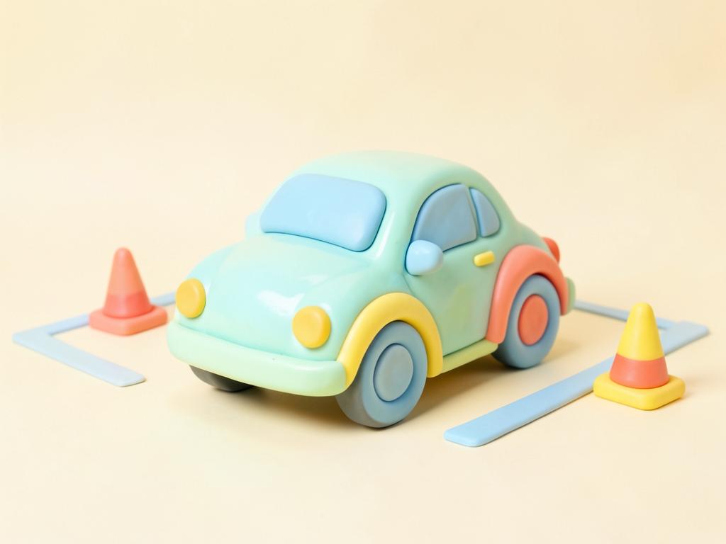 Pastel 3D illustration of a small car in an empty car park