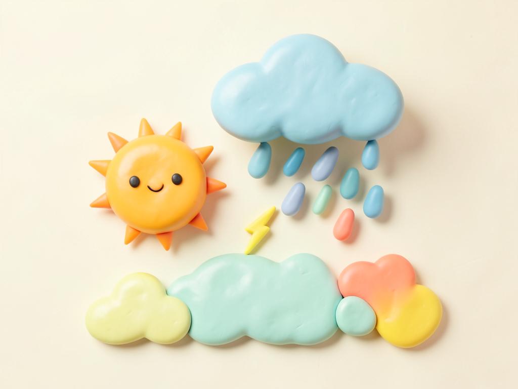 Pastel 3D illustration of a sun, a rain cloud and a lightning bolt