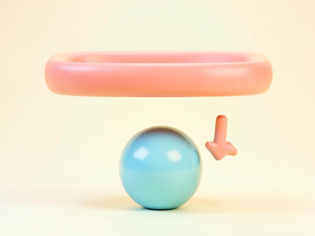 Pastel 3D illustration of a ball under an overhead shelf with a down arrow
