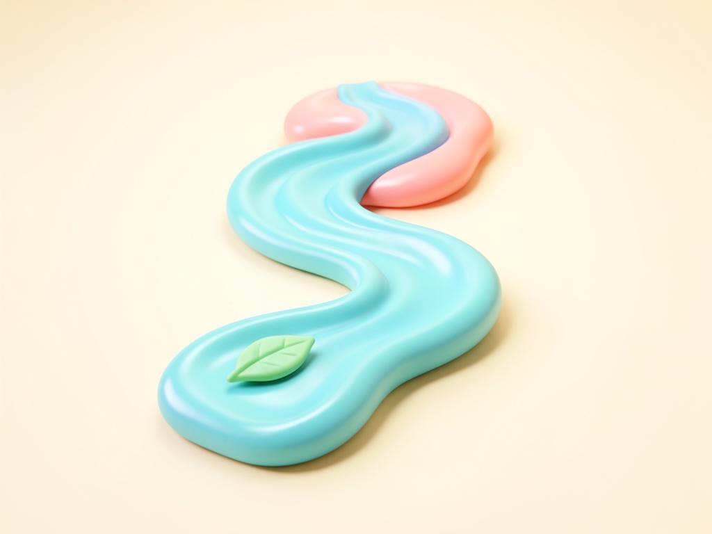 Pastel 3D illustration of a winding river with a floating leaf