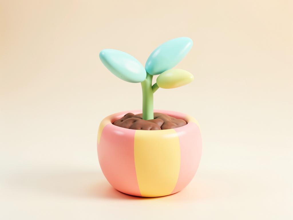 Pastel 3D illustration of a small sprout growing in a rounded pot