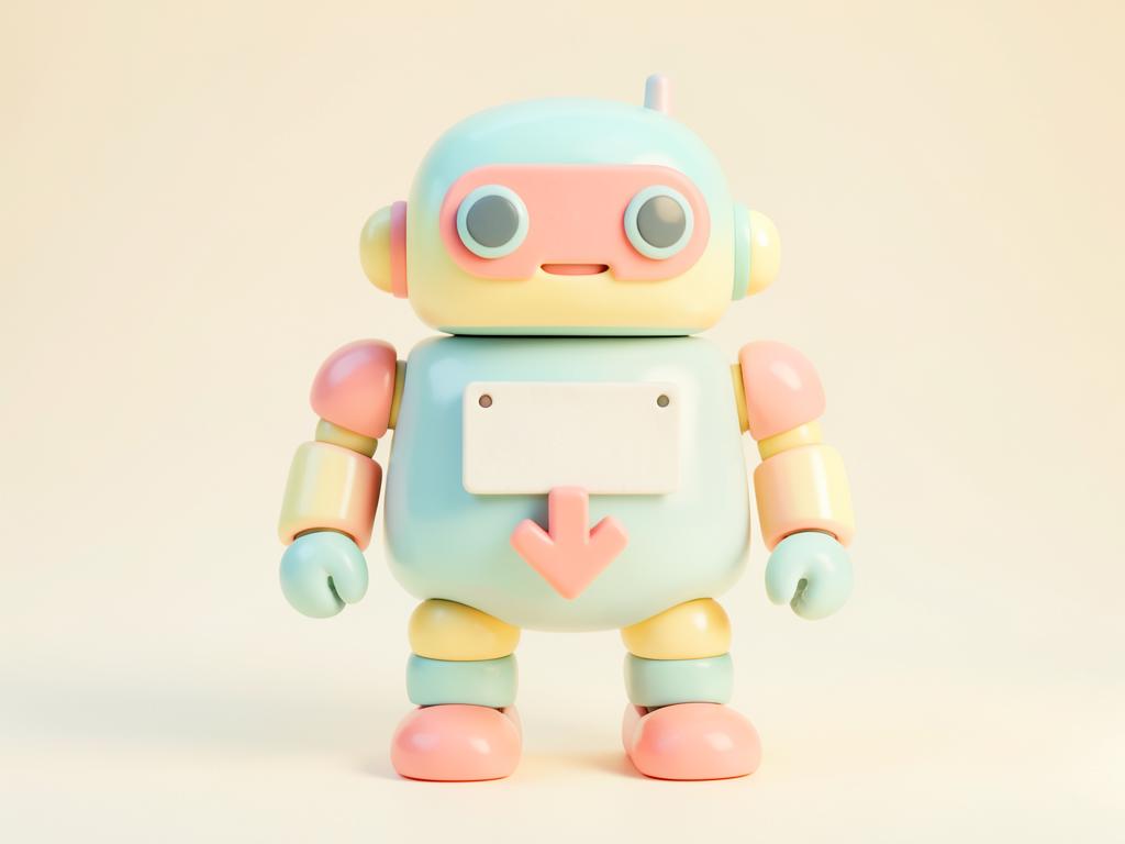 Pastel 3D illustration of a toy robot with a price tag and a down arrow