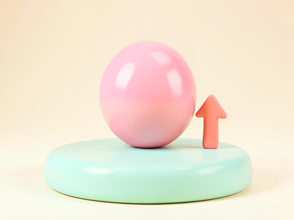 Pastel 3D illustration of a ball on a platform with a bounce arrow