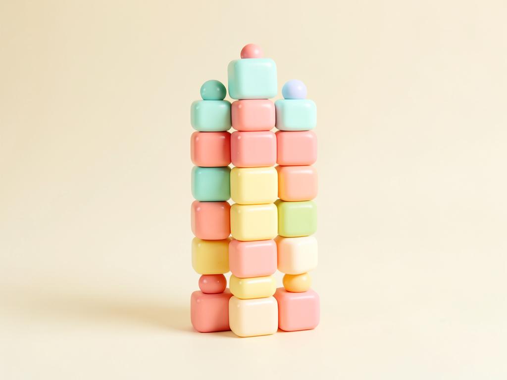 Pastel 3D illustration of a tall tower of small stacked toy blocks