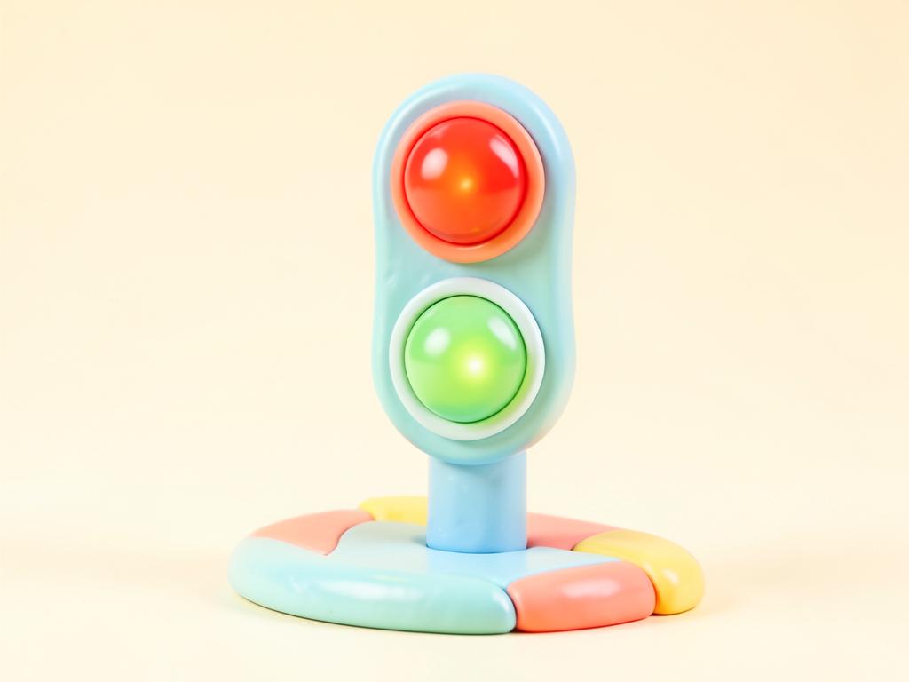 Pastel 3D illustration of a friendly traffic light beside a kerb