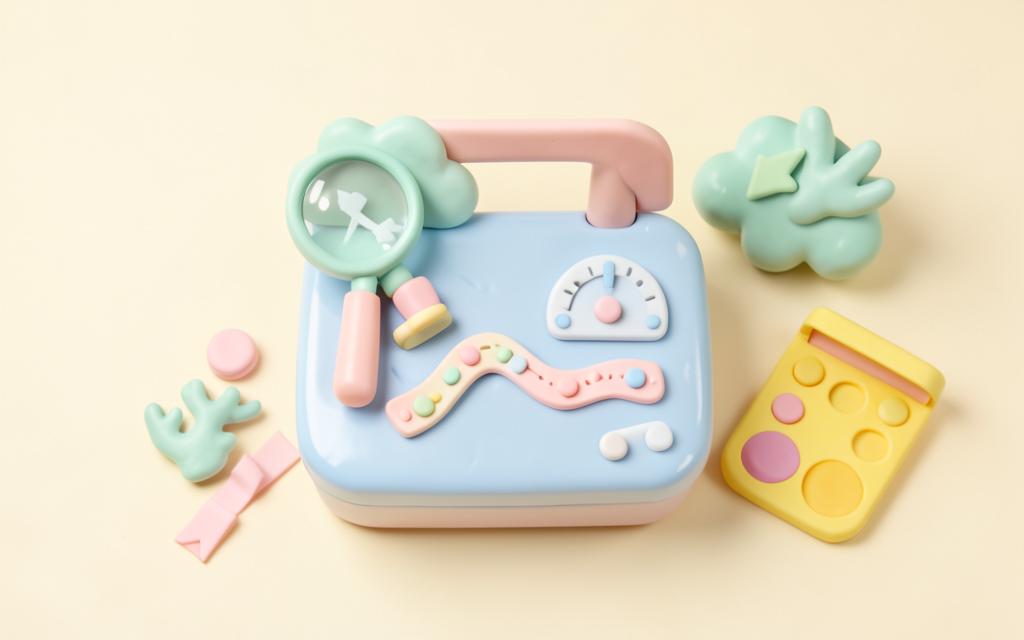 Clay toolbox with a magnifying glass, timeline and speed gauge