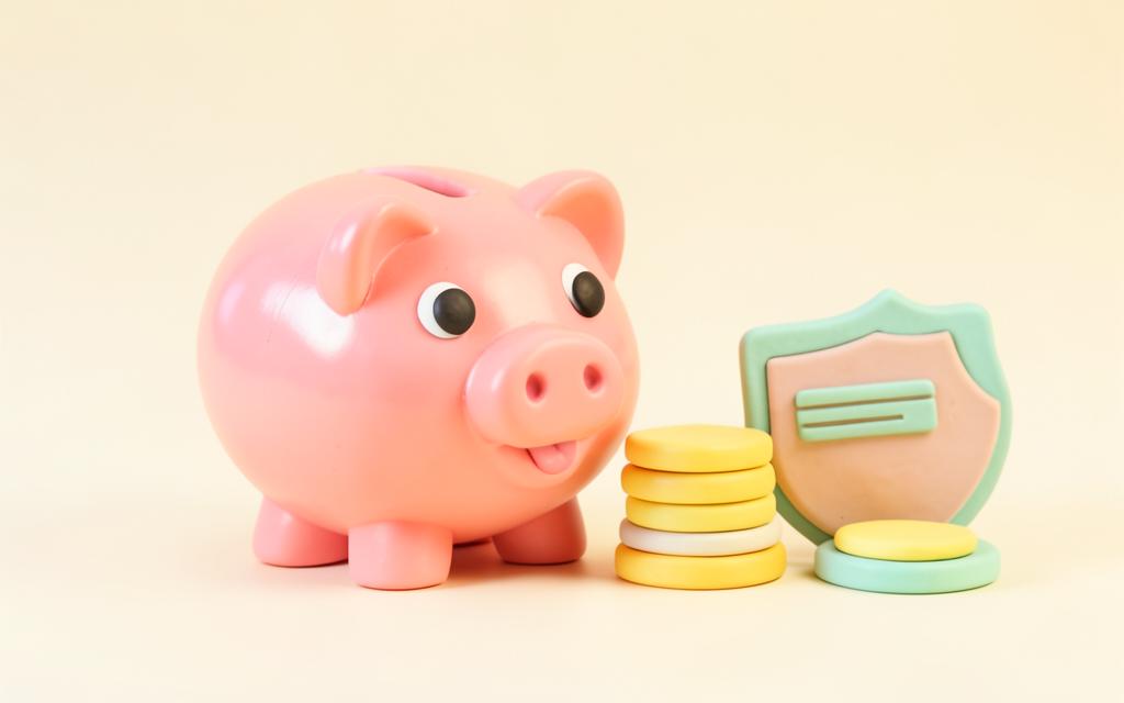 Clay piggy bank, coins and a safety shield