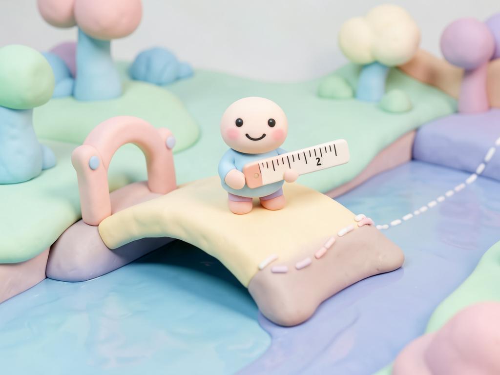 Pastel 3D illustration of a tiny clay bridge with a toll gate, safety line, and a friendly character holding a ruler