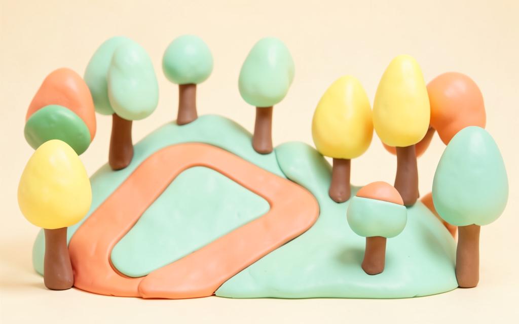 Pastel clay forest in a swirling storm