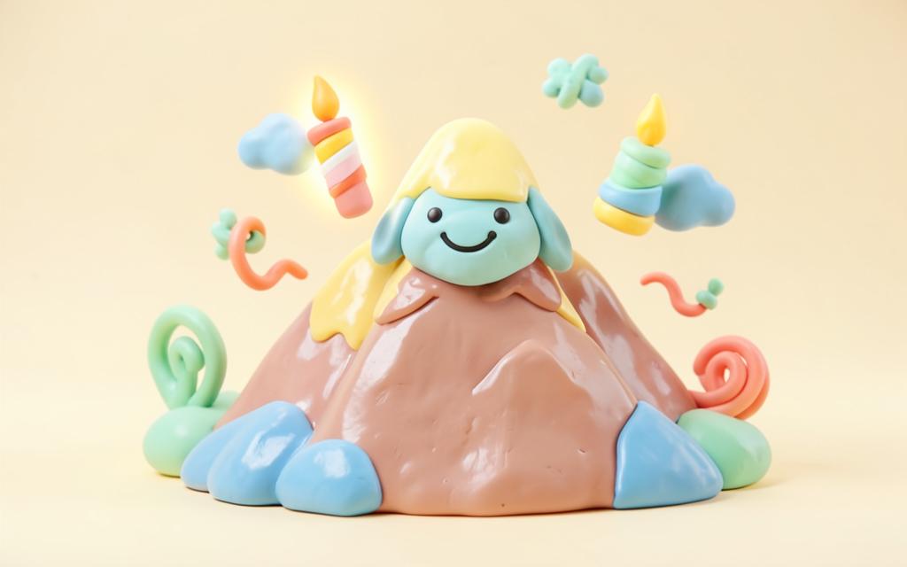 Pastel clay character calm in front of a busy screen