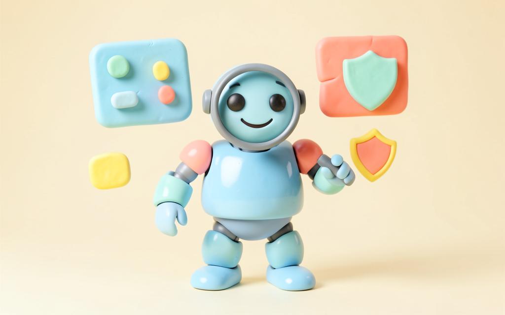 Clay robot inspector checking chart panels and safety shields